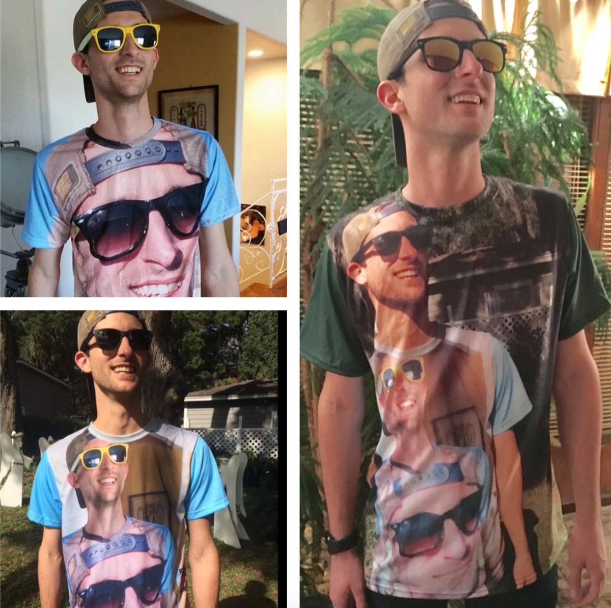 multiple photos of man wearing shirt that has each previous photo on it