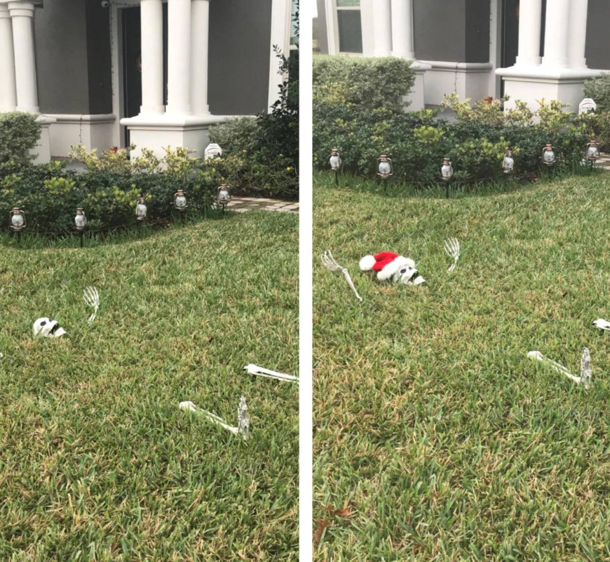 skeleton on ground then again with santa hat