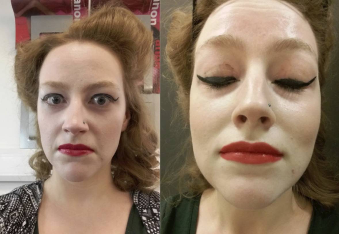 classic red lip, winged eyeliner look but it's just done so bad and the hair is awful too