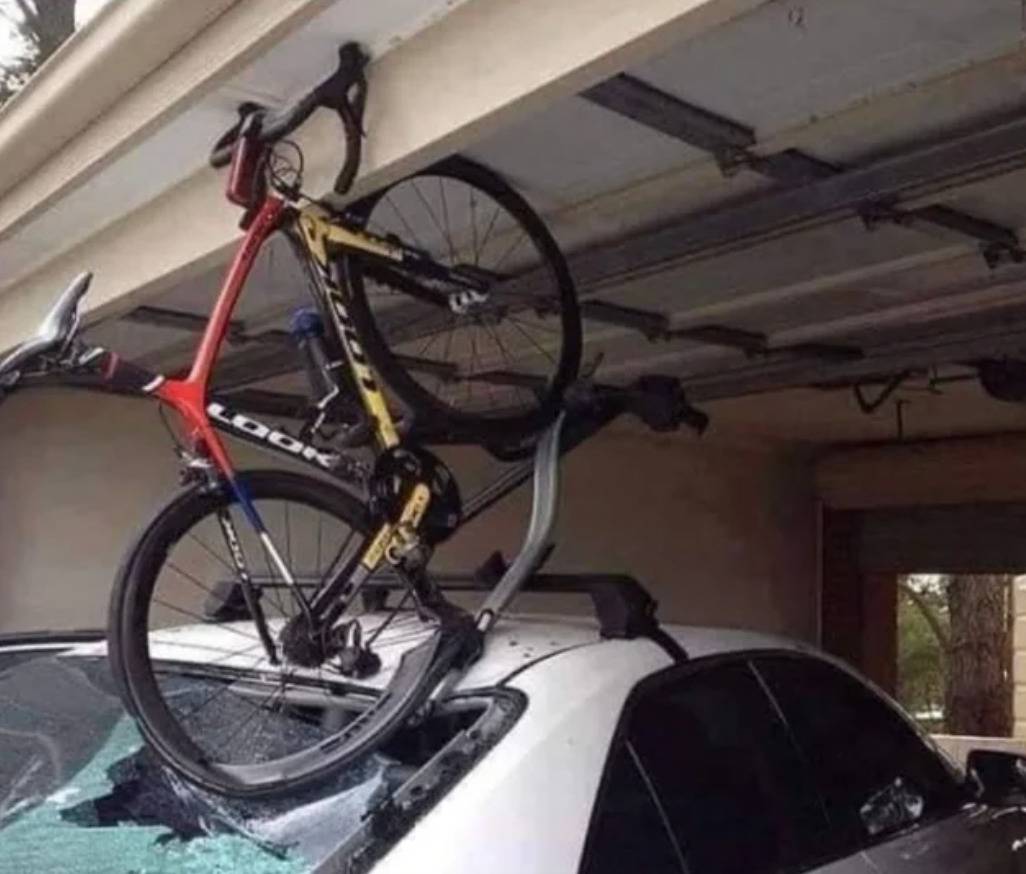 are windshield and bike on roof rack damaged when trying to entire garage