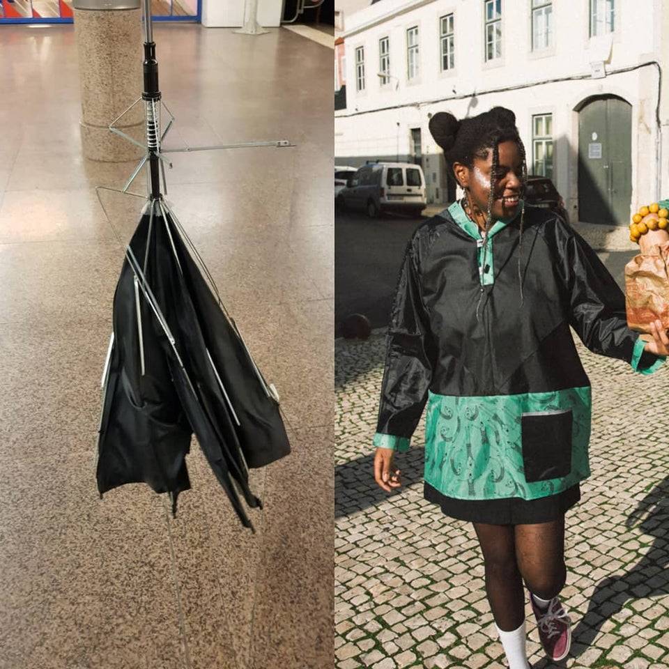 converting broken umbrellas into a coat