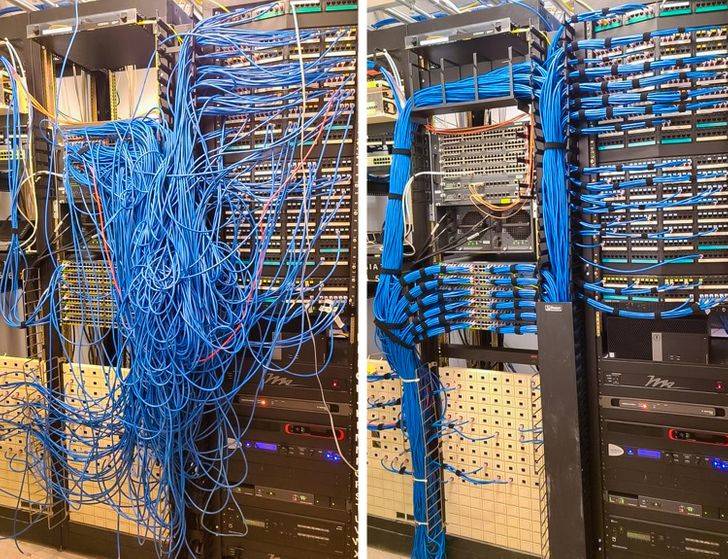 computer cord sorting in back room