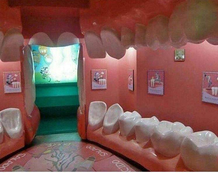 dentist waiting room with plastic teeth