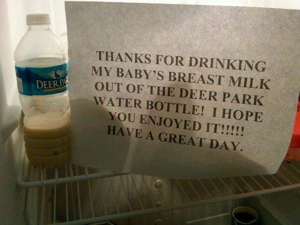 note on bottle of milk in fridge