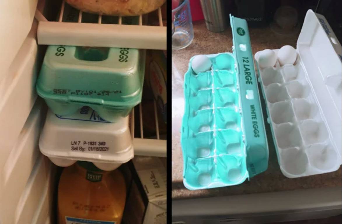 two cartons of eggs with a grand total of 3 eggs between both