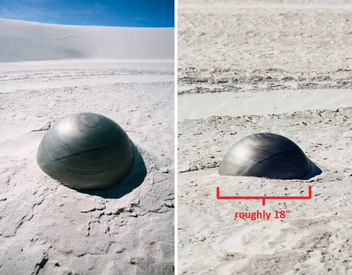 giant metal ball in sand in new mexico