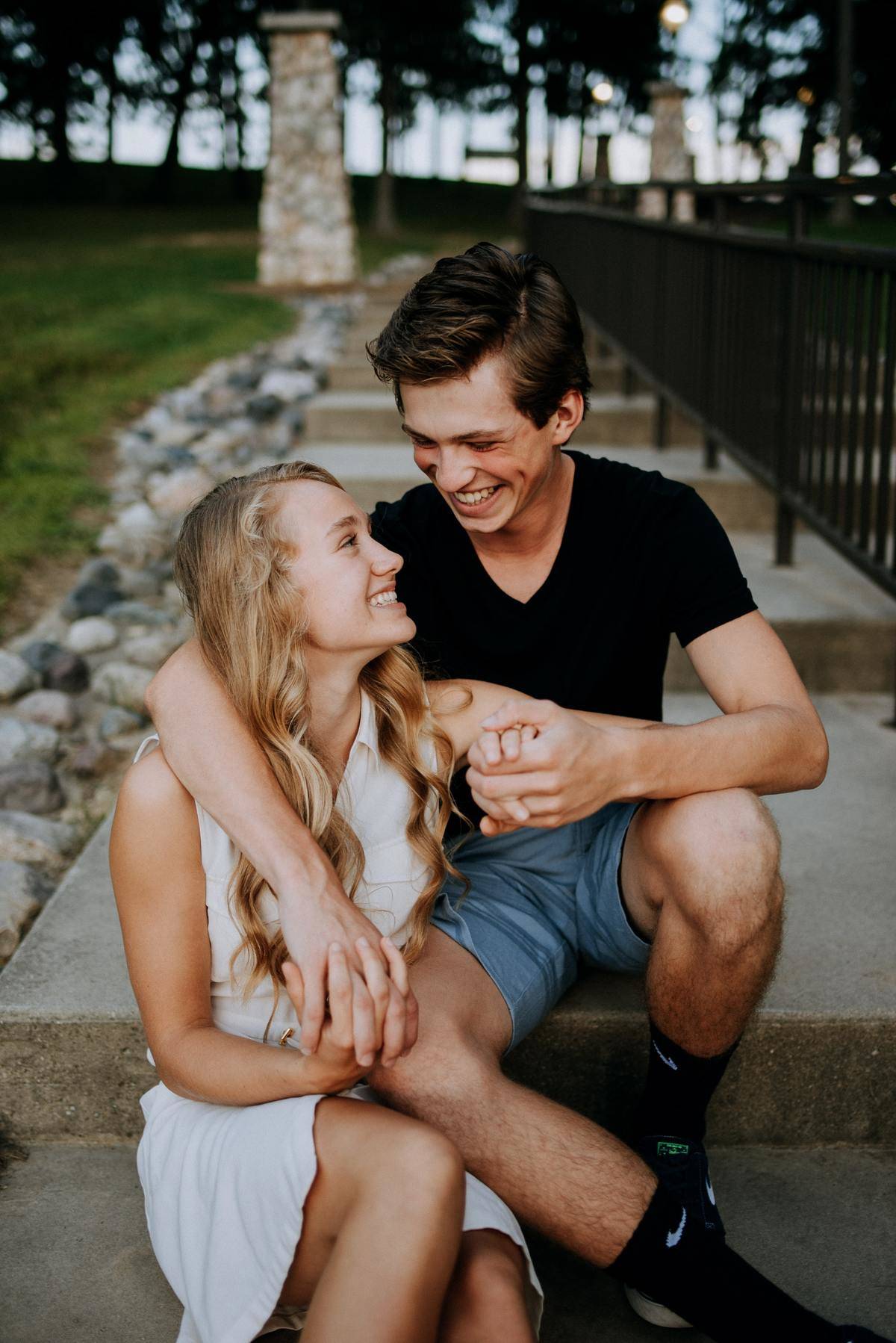 woman grinning up at man