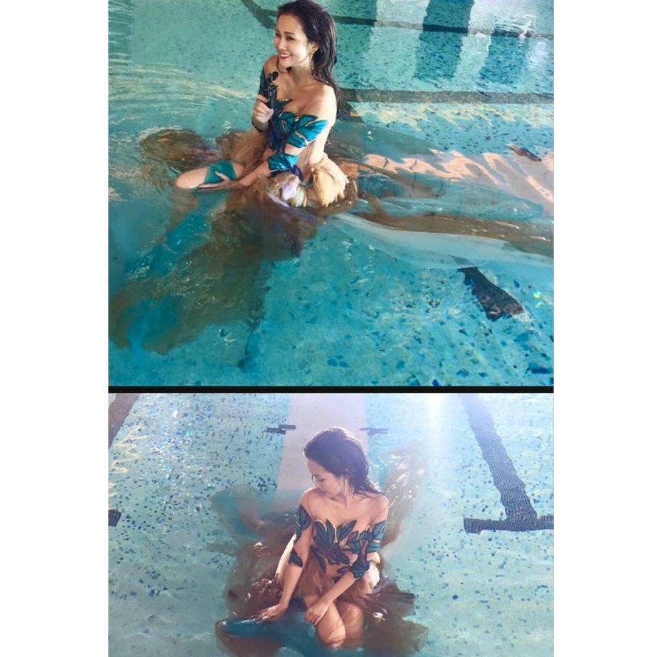 woman wearing brown dress in a pool