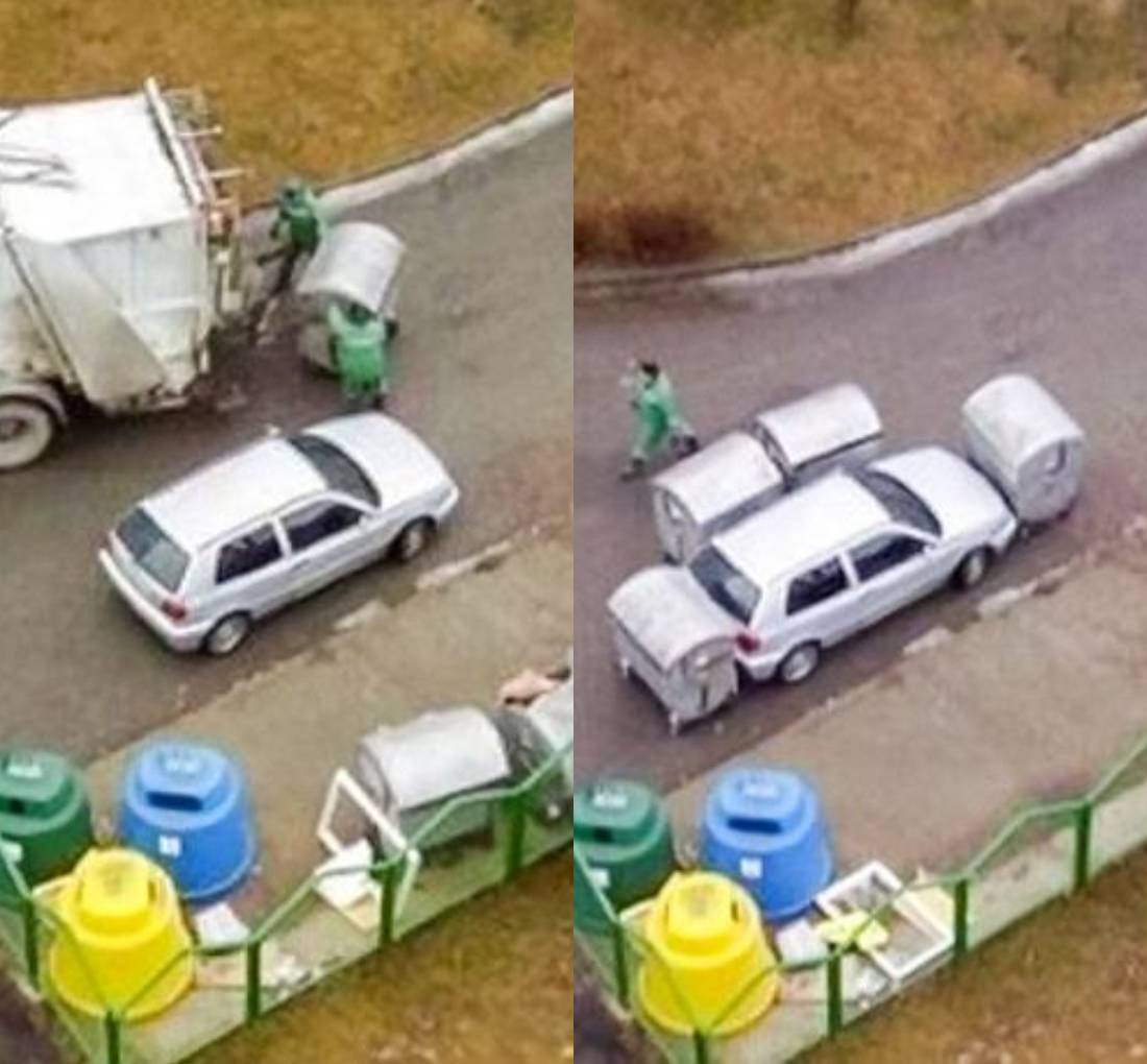 bad parker has car surrounded with dumpsters