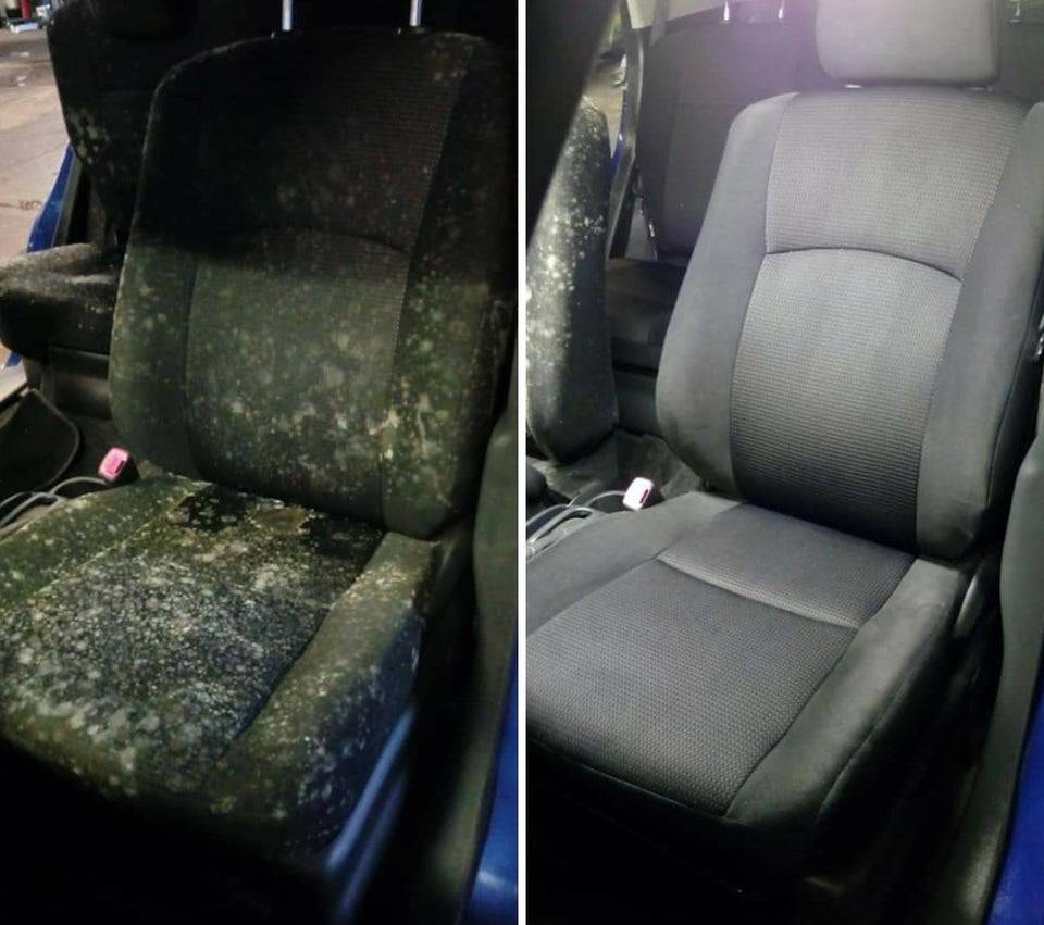 steam cleaning before and after on dirty fabric seats in car