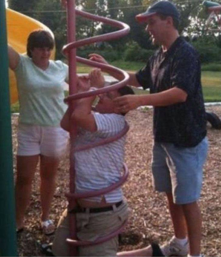Adult stuck in playground equipment