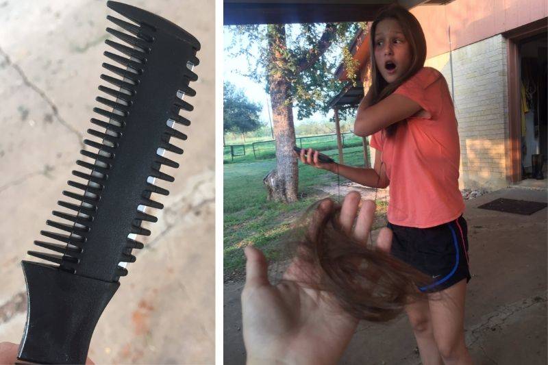 a girl holding her hair realizing she just brushed her hair with a thinning comb 