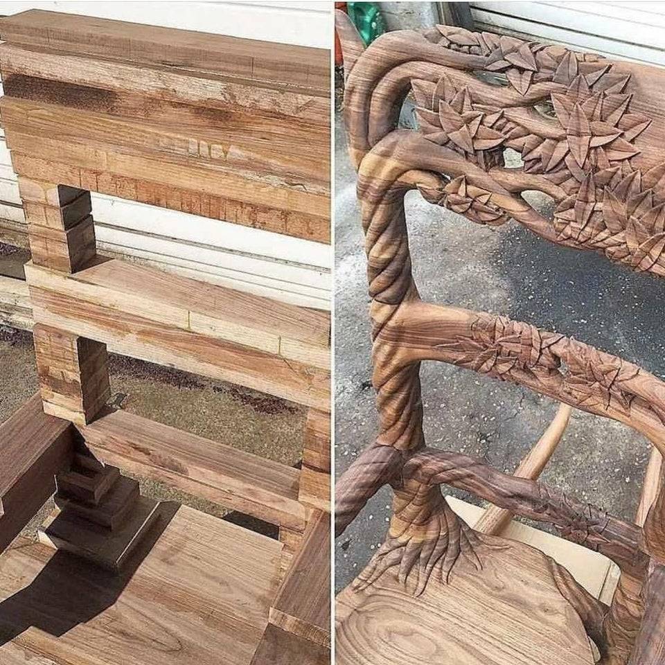 before and after hand carving a wooden chair