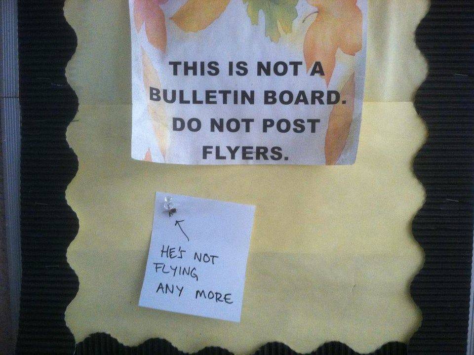 fly tacked to bulletin board that says no flyers