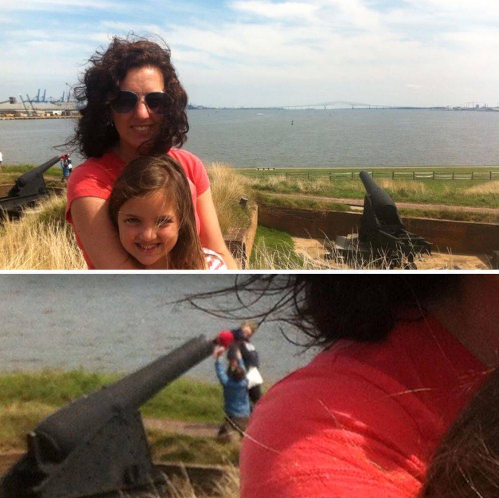 kids stuffing baby into cannon in background