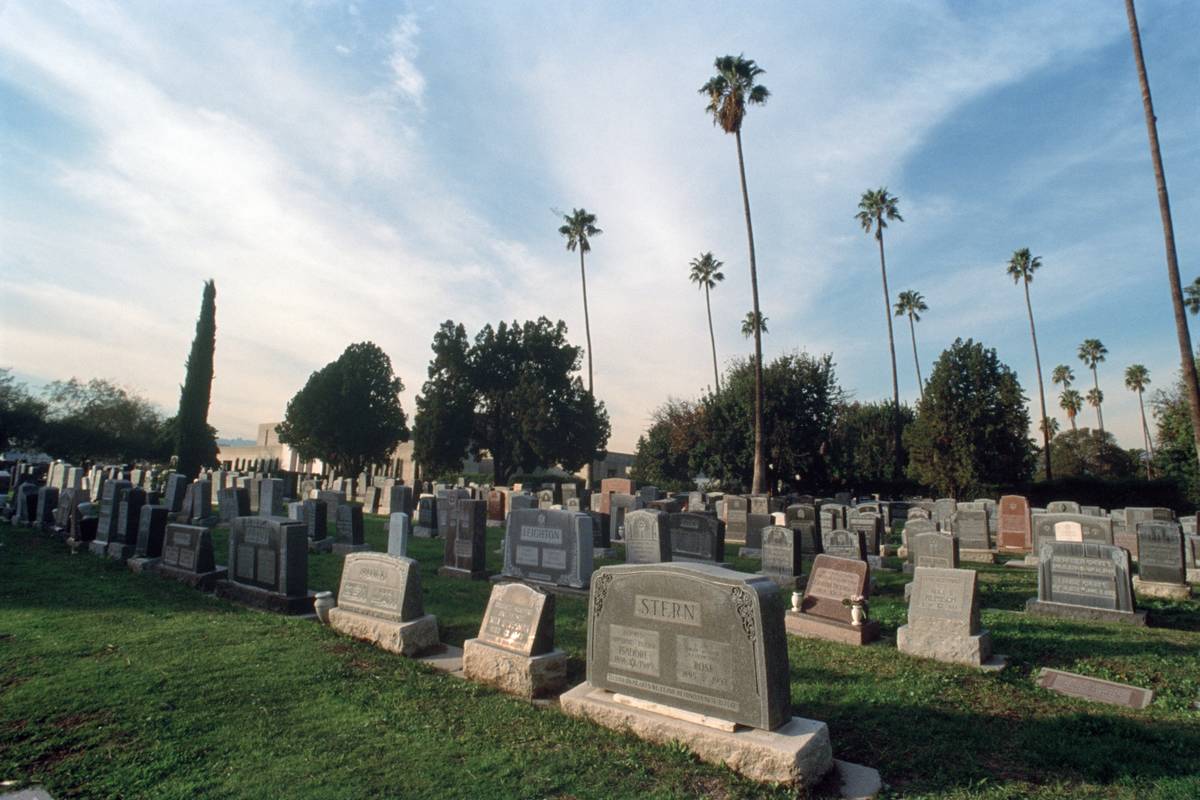 Tombstones fill a grass field under palm trees.