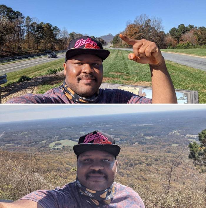 man taking selfies on hike
