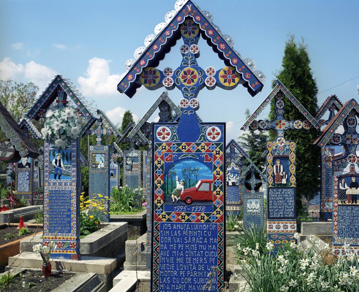 Decorated tombstones in the Merry Cemetery, Sapanta, Maramures, Romania