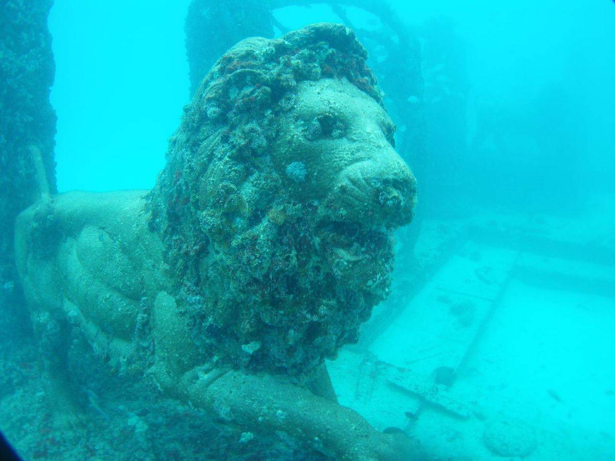 A lion statue is underwater at Neptune Memorial Reef.