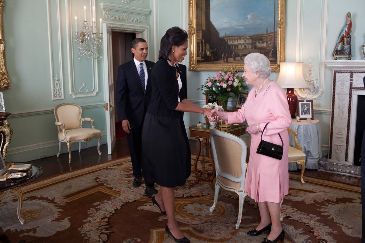 Queen Elizabeth meets Michelle and Barak Obama in the White House.