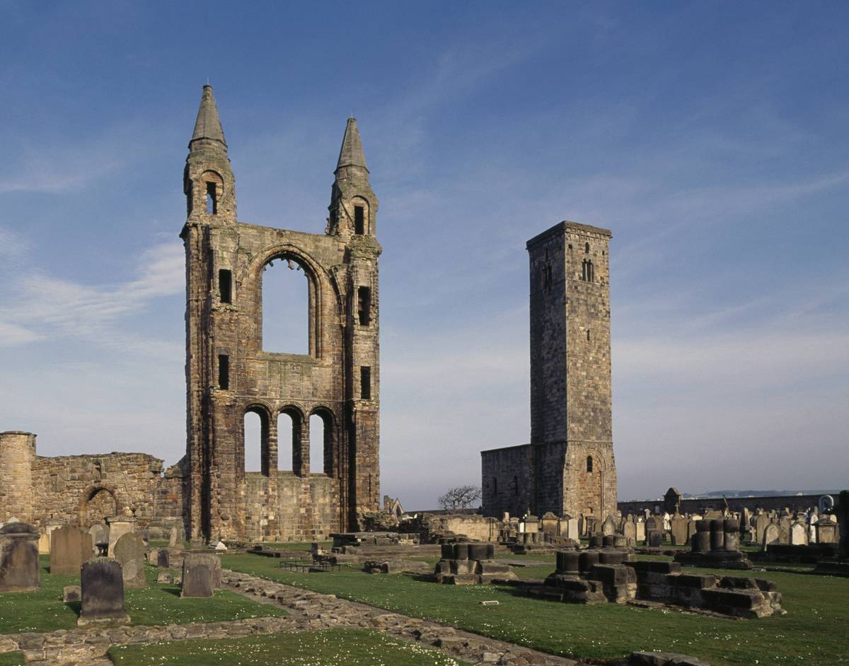 Pictured are ruins of the Cathedral of Saint Andrew and the old cemetery.