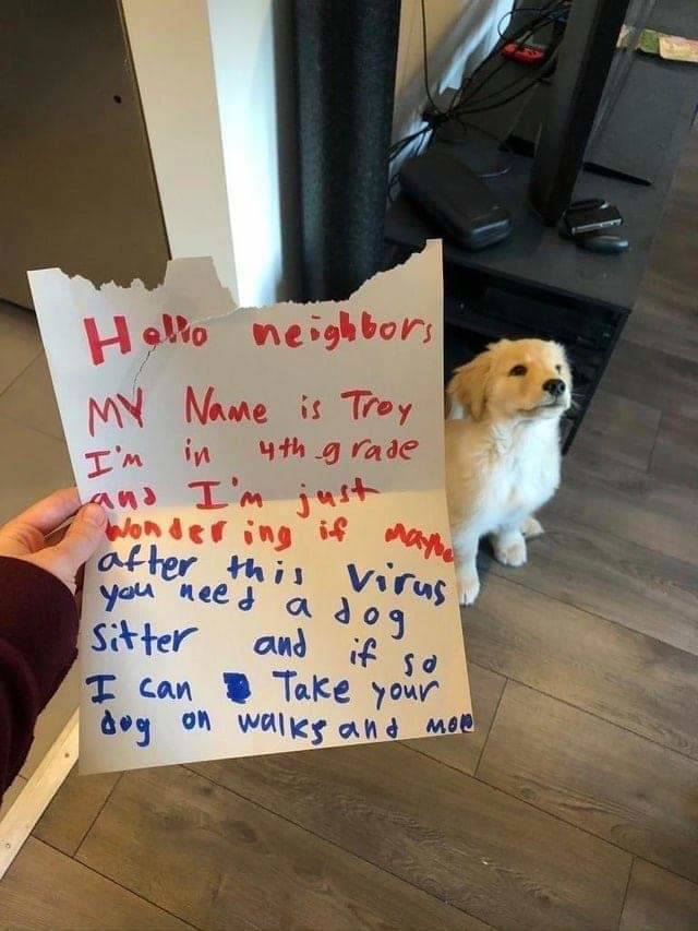 note from neighbor kid saying he'd walk their new puppy for them