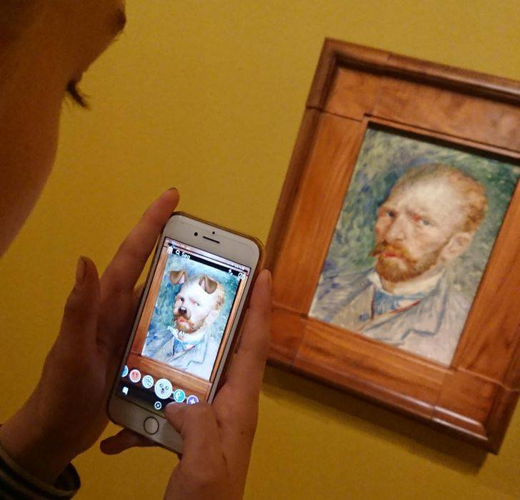 kid using snap filter to give Van Gogh's self-portrait dog ears