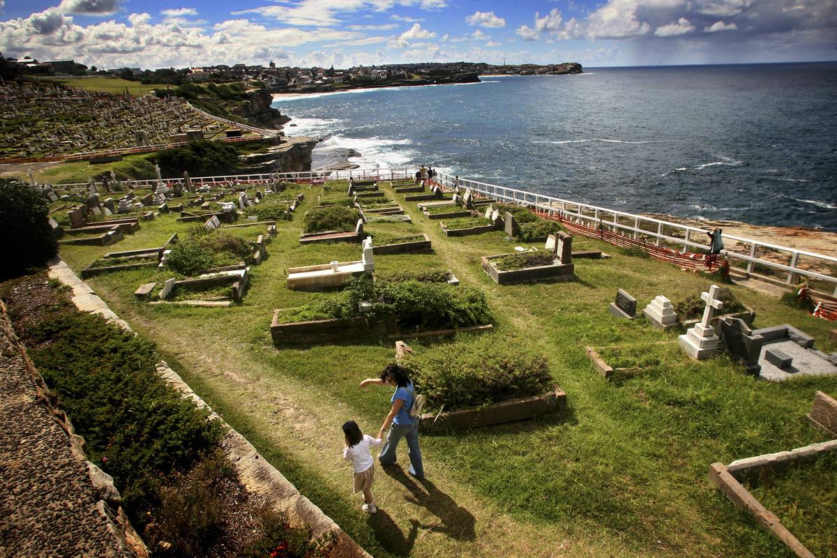 People walking through Waverley Cemetery east of Sydney.
