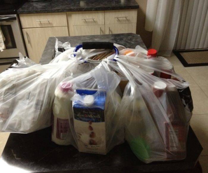 grocery bags all tied to a carabiner 