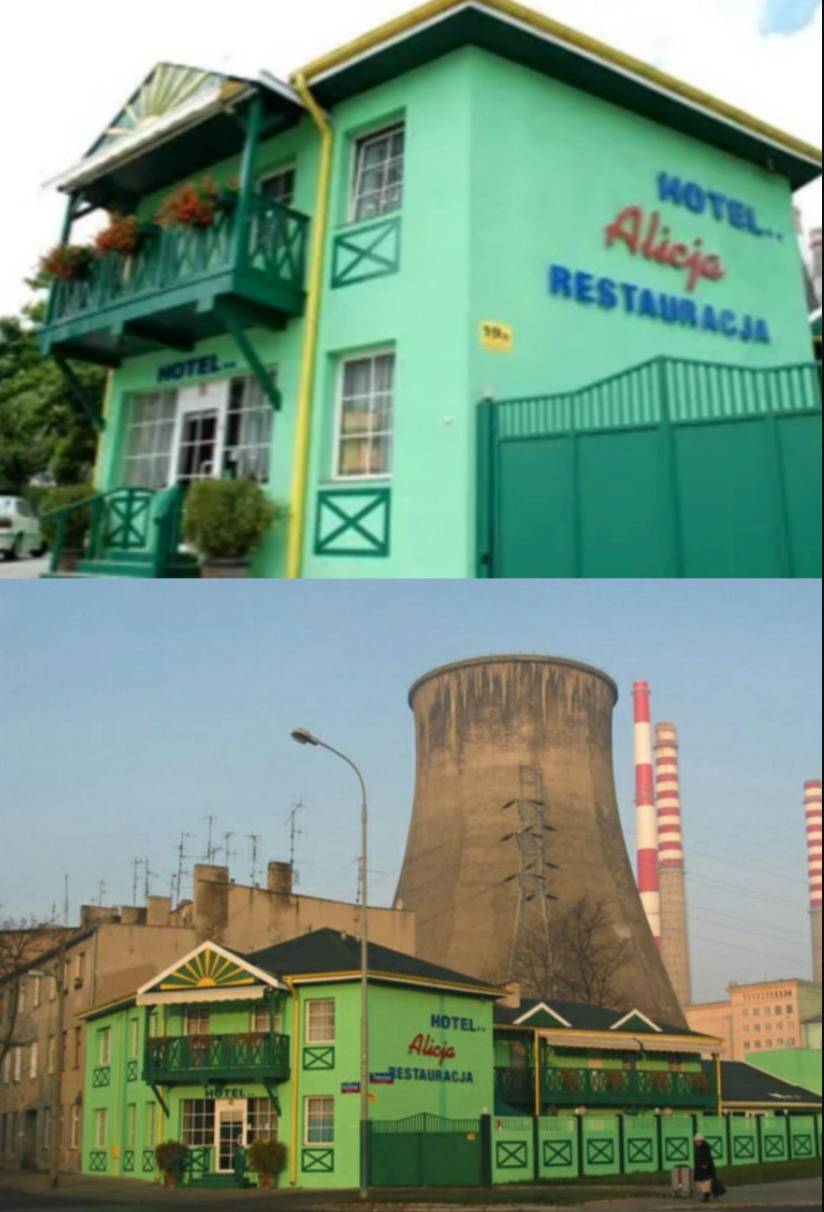 hotel photo taken from below compared to photo showing powerplant background