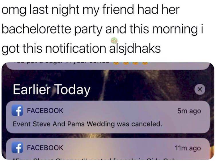 Facebook event that shows that steve and pam's wedding has been cancelled the day after the bachelorette party 