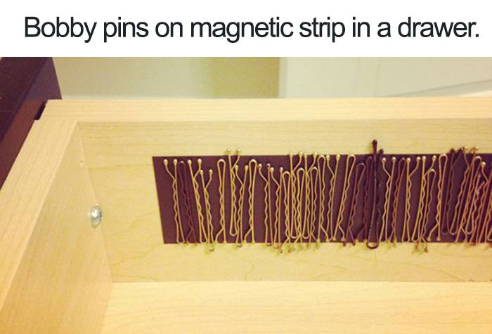 bobby pins on magnetic strip in drawer