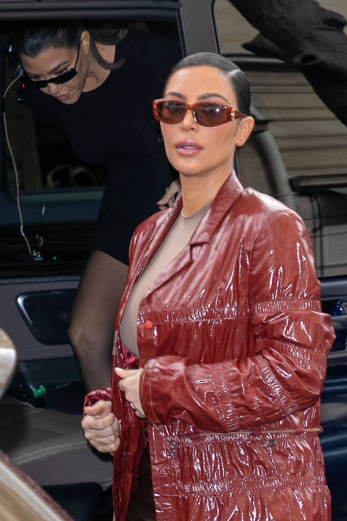 Kim Kardashian West arrives at Cafe de Flore restaurant on March 02, 2020 in Paris, France.