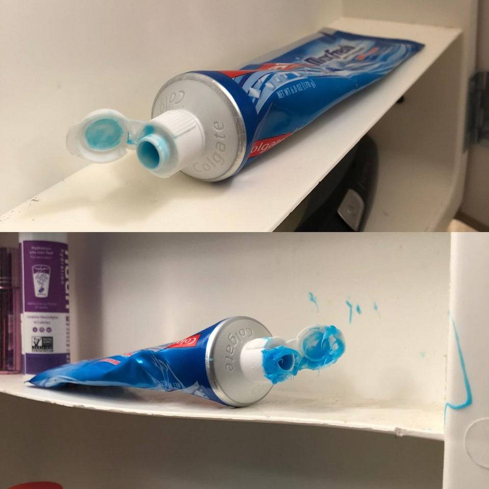 boyfriend's clean toothpaste tube compared to girlfriend's messy tube