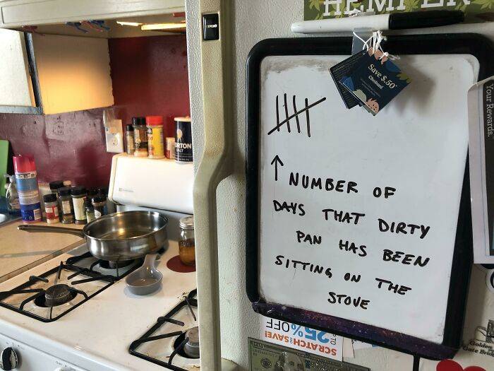 whiteboard counter on fridge for how many days dirty pan has been sitting on the stove