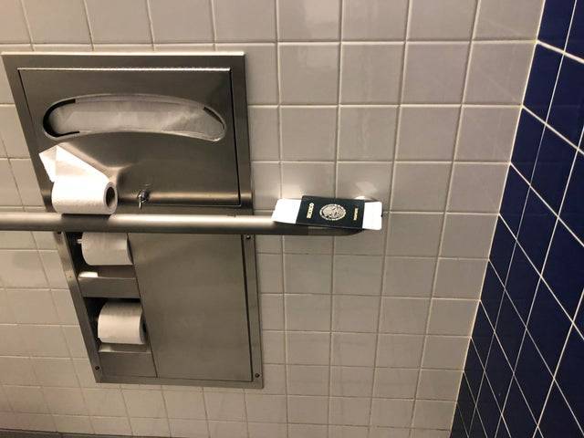 passport in a public washroom 