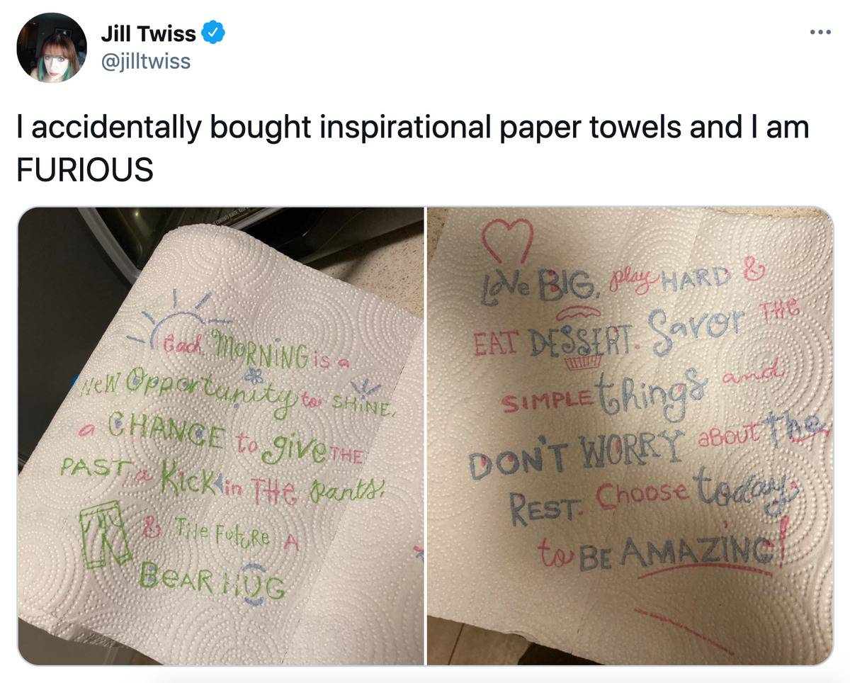 Tweet: I accidentally bought inspirational paper towels and I am furious