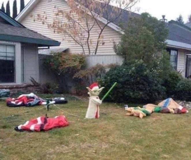 yoda christmas decoration has slain deflated santa and reindeer