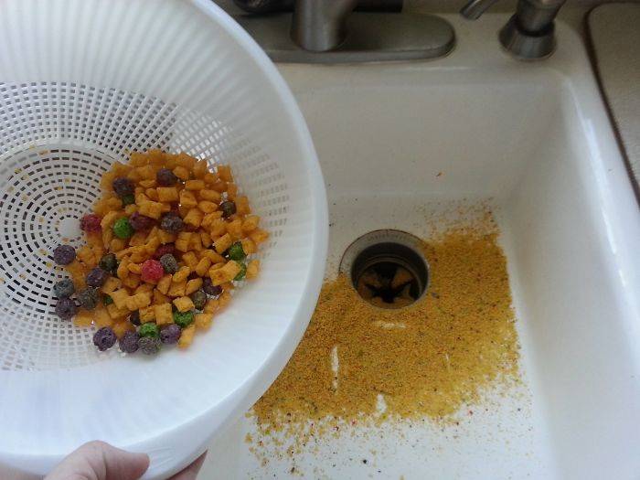 cereal in strainer to get rid of dust