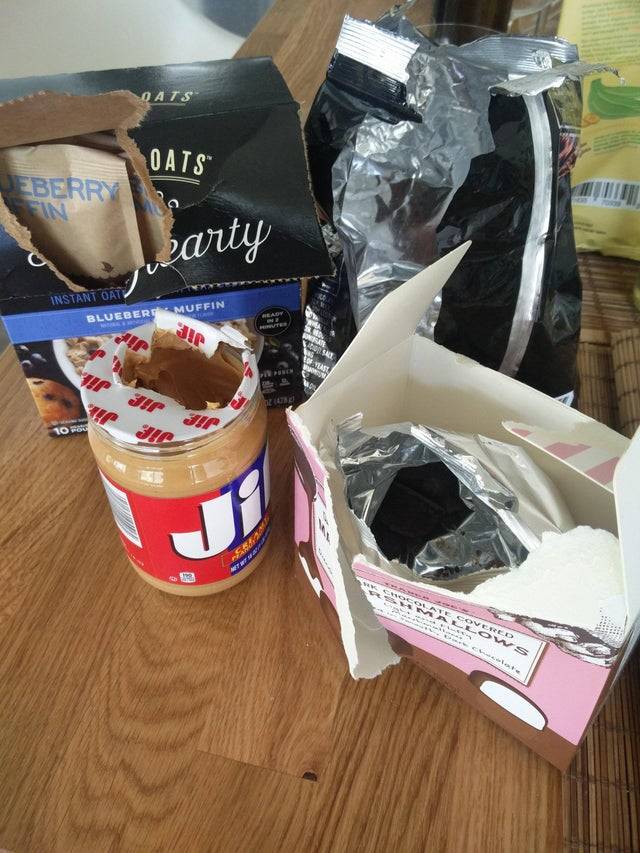 packages ripped in the middle to open