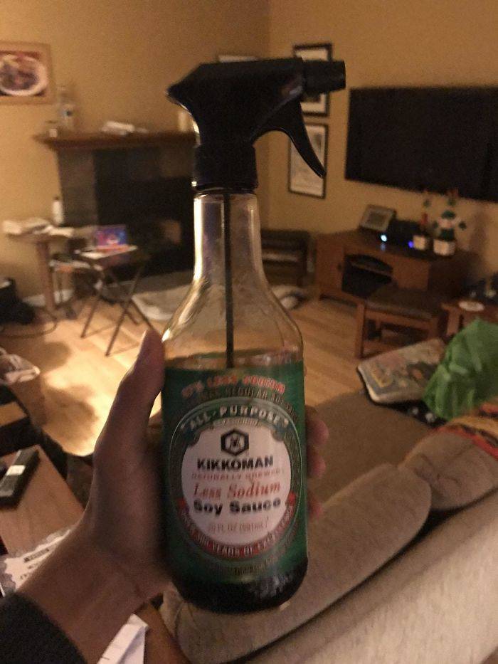 spray bottle top on soy sauce bottle