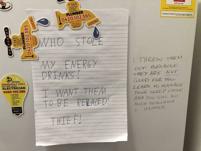 roommate through out energy drinks of another housemate because they were unhealthy