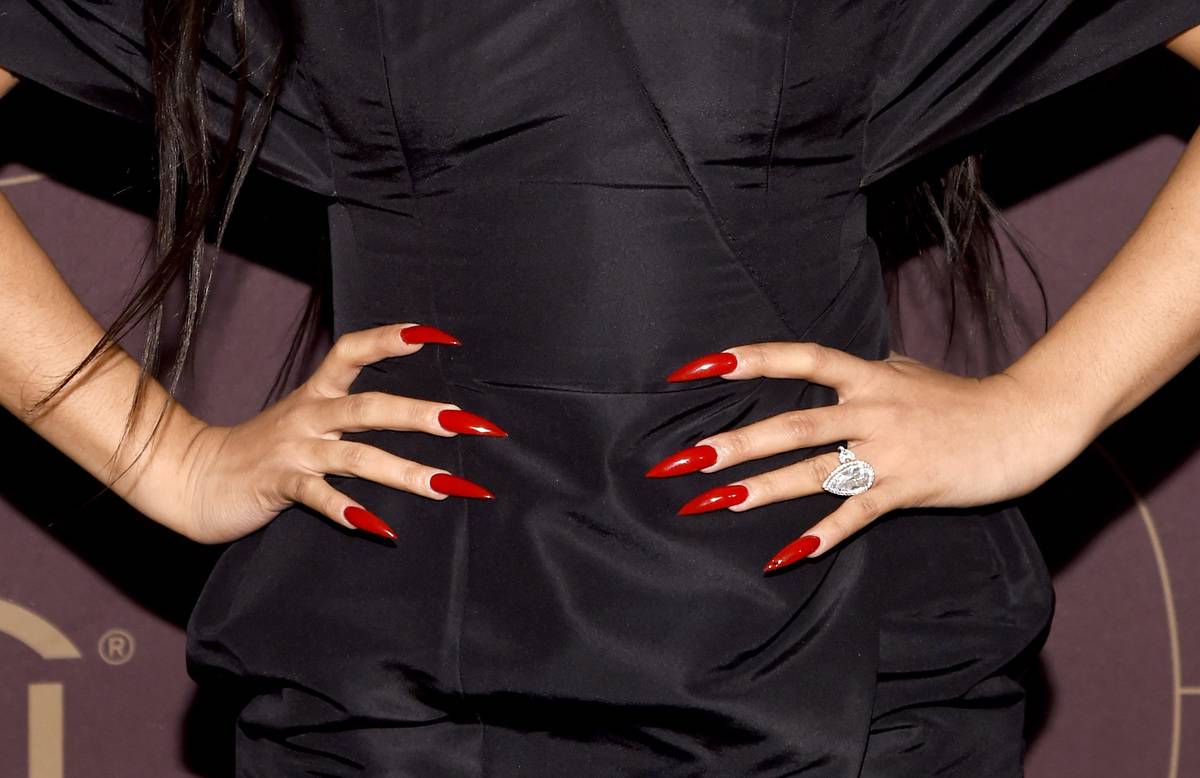 Cardi B, ring and nail details, as she attends the Warner Music Group Pre-Grammy Party in association with V Magazine