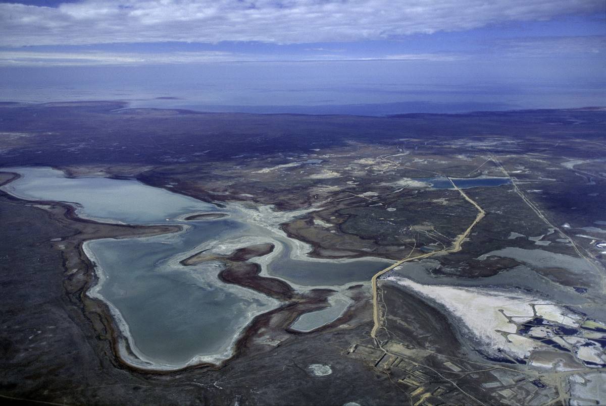 Salt deposits sit where the Ural River meets the Caspian Sea.