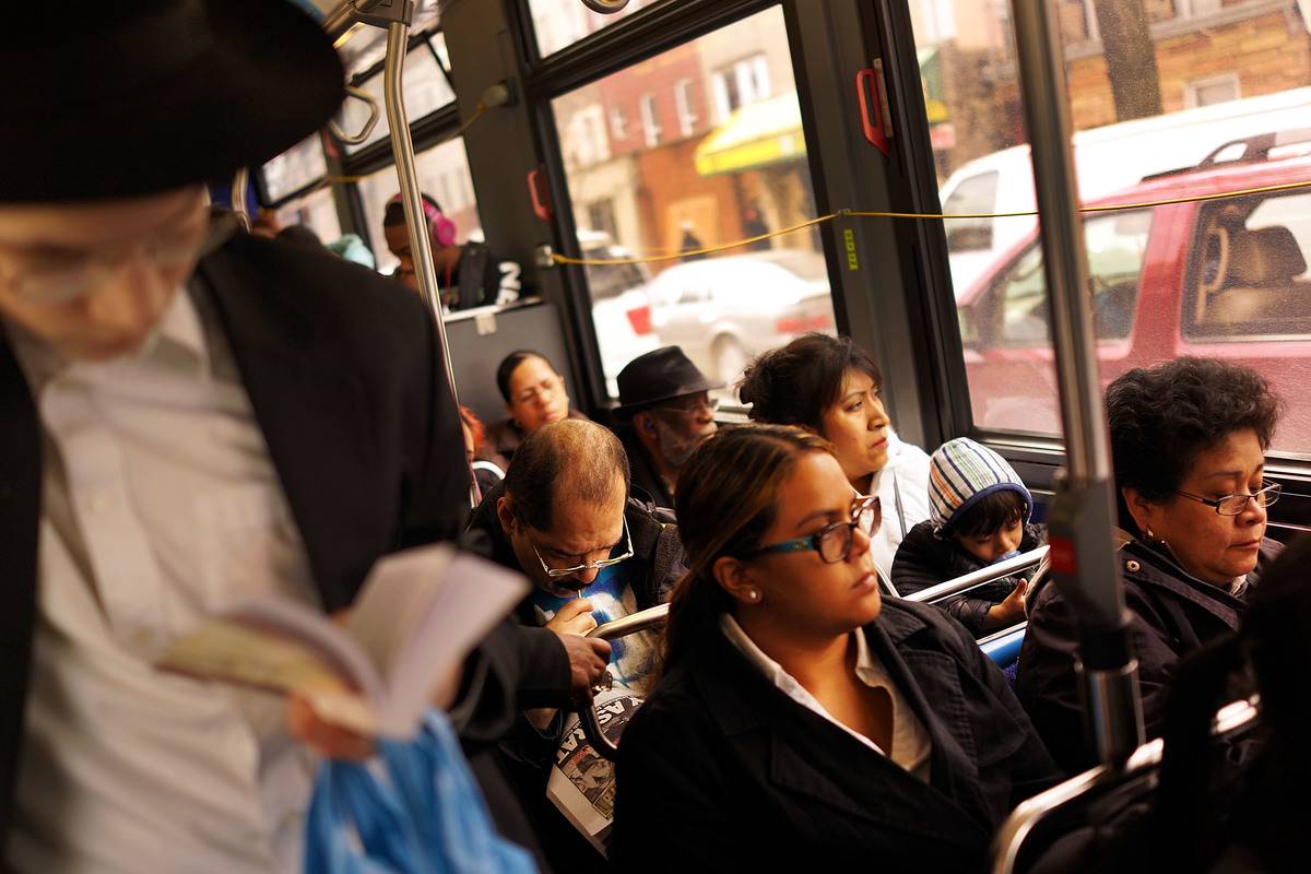 bus full of passengers in brooklyn, new york city