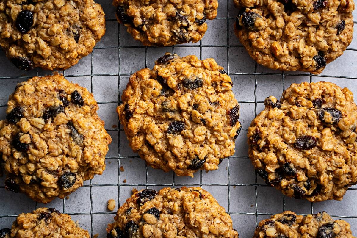Oatmeal raisin cookies photographed from a top angle