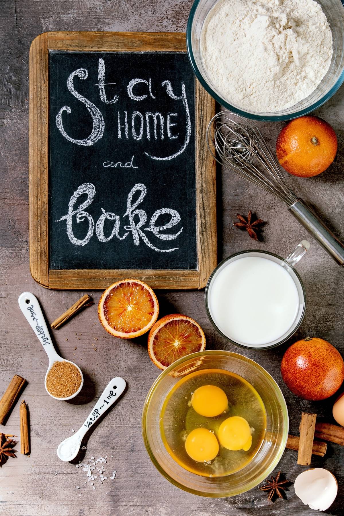 Ingredients for baking. Stay home quarantine isolation period concept. Vintage chalkboard with handwritten chalk lettering