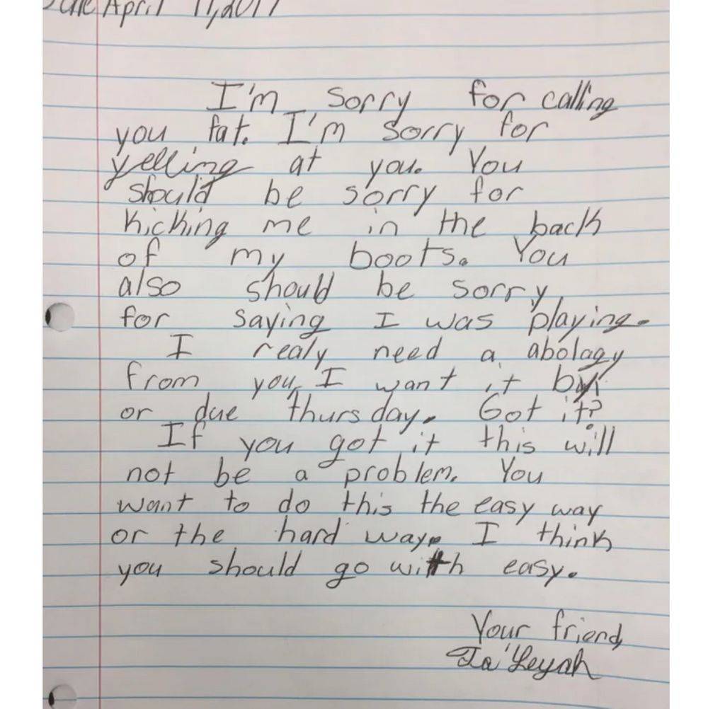 Apology letter from a kid telling the other person what they should be sorry for