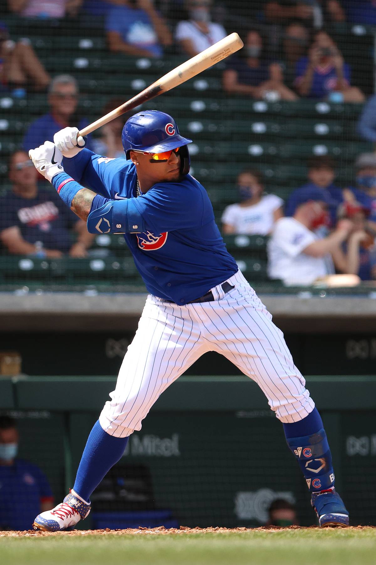avier Baez #9 of the Chicago Cubs at bat in the fourth inning against the Arizona Diamondbacks during the MLB spring training game at Sloan Park on March 29