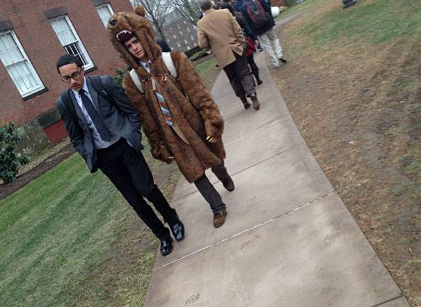 bear suit kid at school